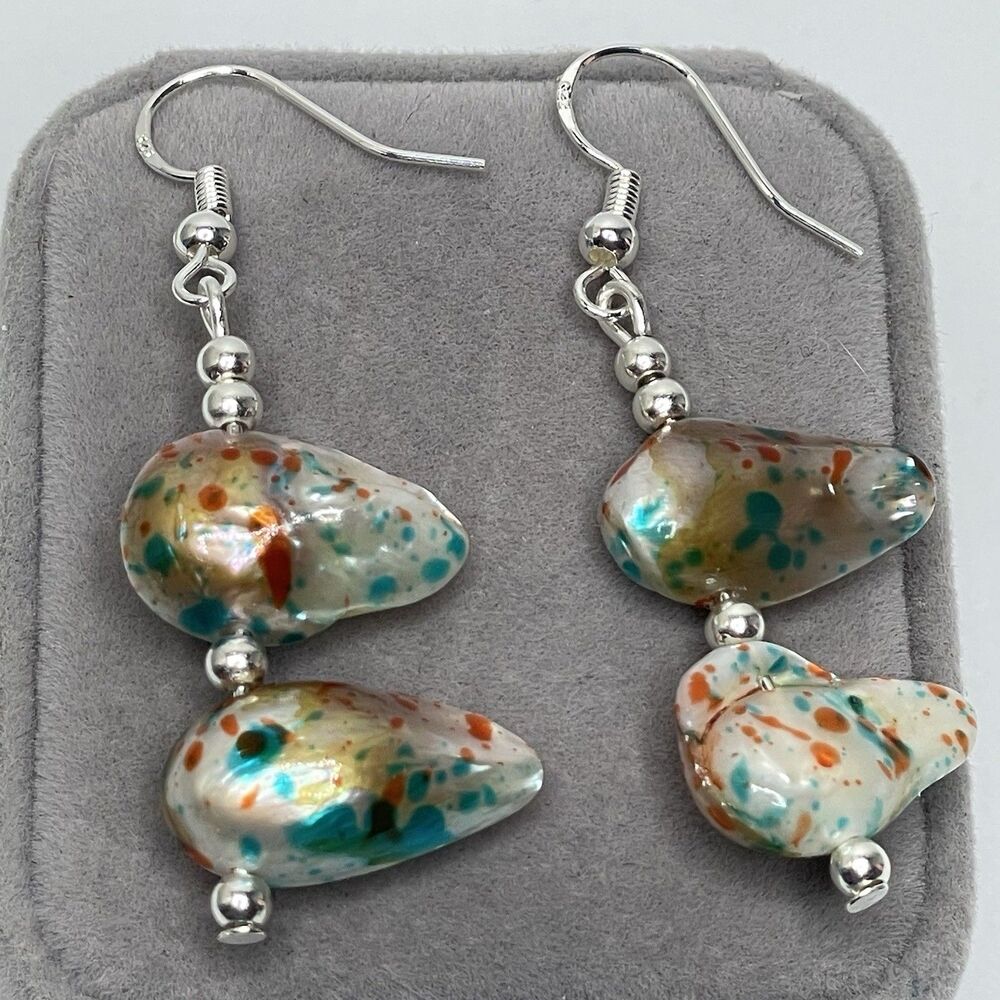 Silver Plated Confetti Dyed Bourque Pearl Beaded Dangle Earrings Boho Unique